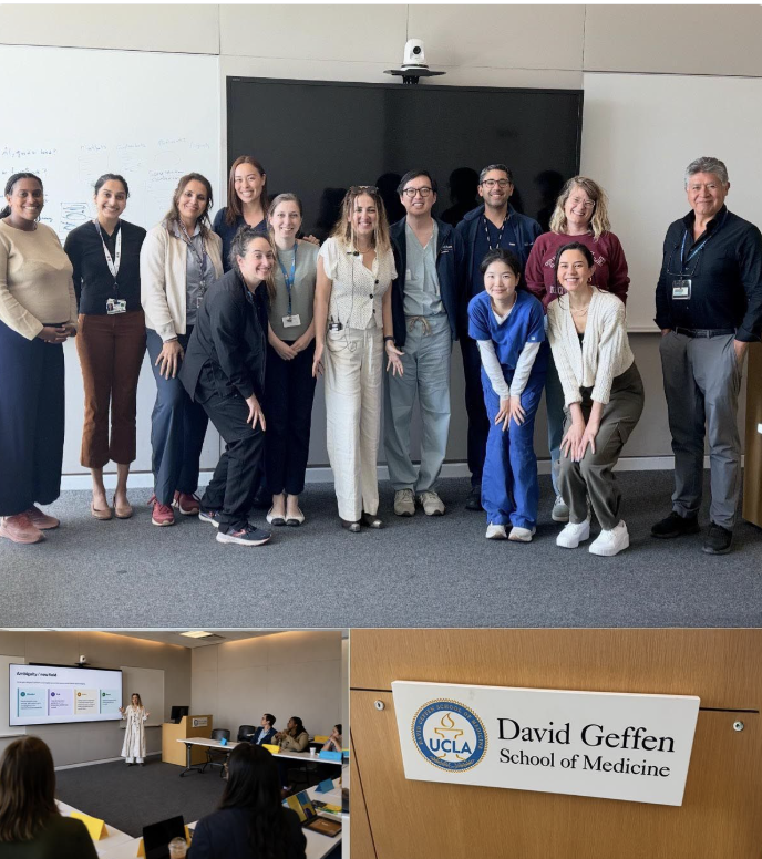 Workshop group, a teaching session, and the UCLA David Geffen School of Medicine sign